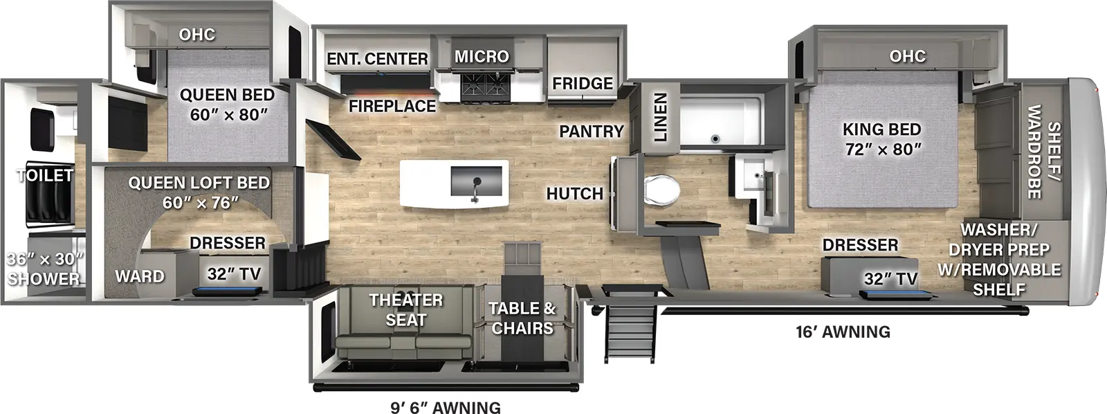 The Columbus 376DS has two entries and four slide outs. Exterior features include: fiberglass exterior and 9'6" & 16' awning. Interiors features include: loft, kitchen island, free-standing dinette option, front bedroom, two bedrooms, rear bathroom and two full bathrooms.